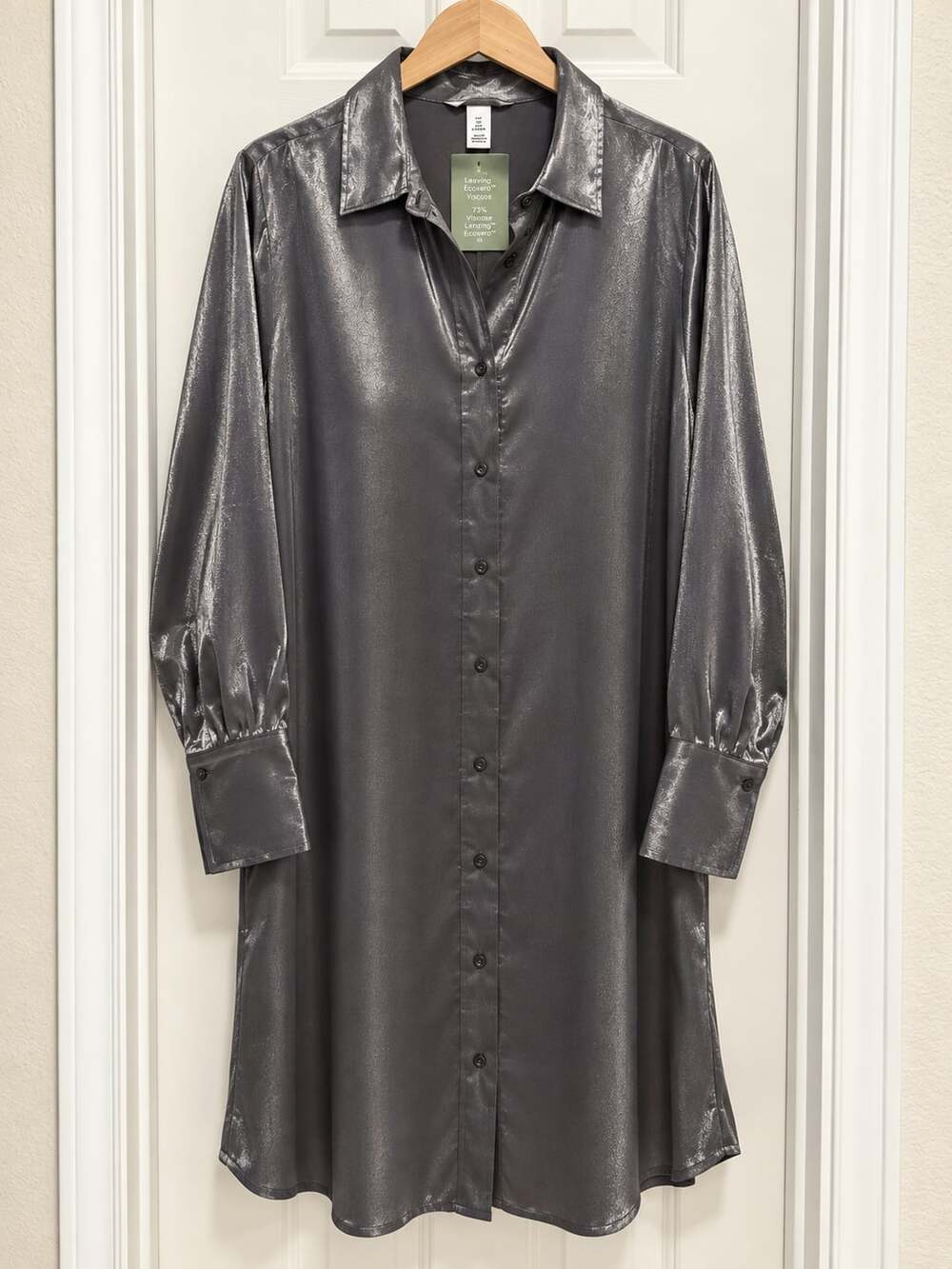 H&M Metallic Silver Shirt Dress Size Large NWT Long Sleeve Button Front